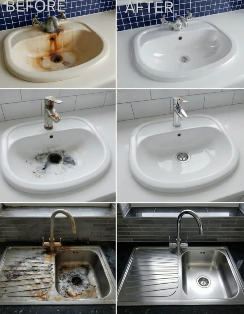 Before and after cleaning of bathroom basins, a kitchen sink and taps